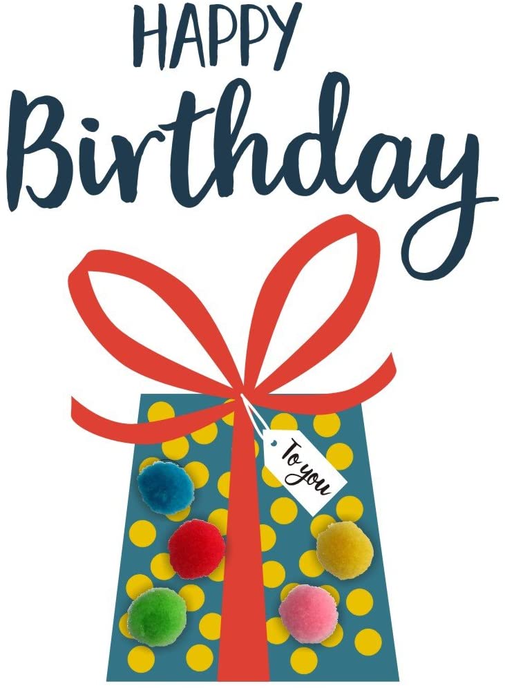 Claire Giles Greeting Cards, Happy Birthday Card, Dotty Present design Greeting Card, Embellished with colourful Pompoms - Image 3