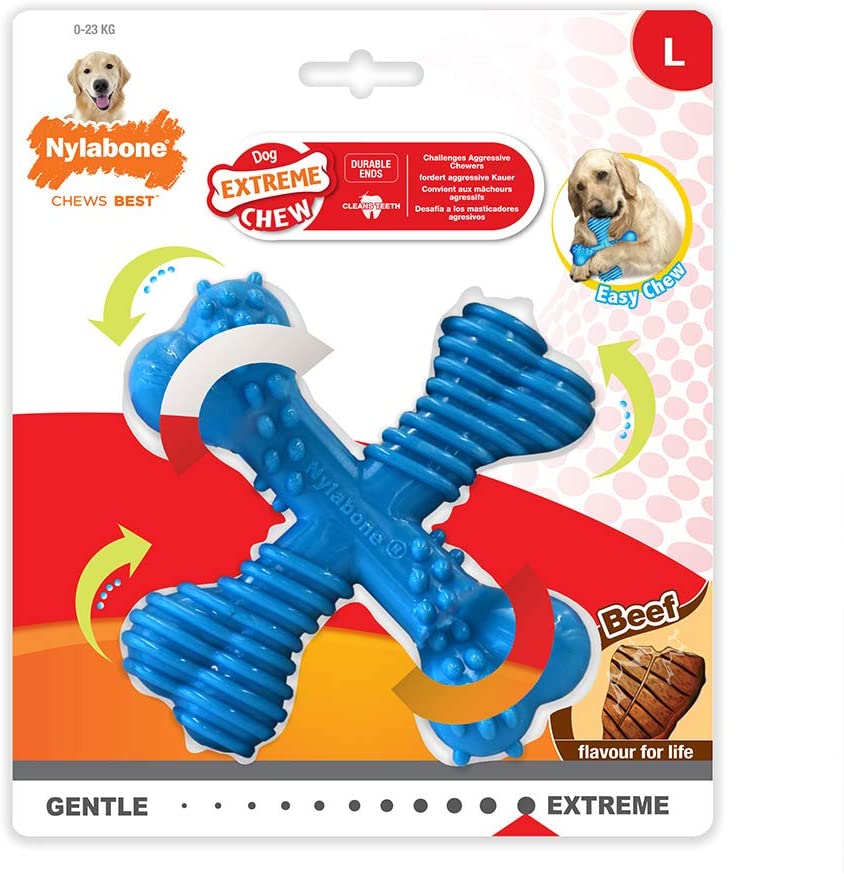 Nylabone Extreme Tough Dog Chew Toy X-Bone, Durable, Cleans Teeth, Beef Flavour, Large, for Dogs Up to 23 kg