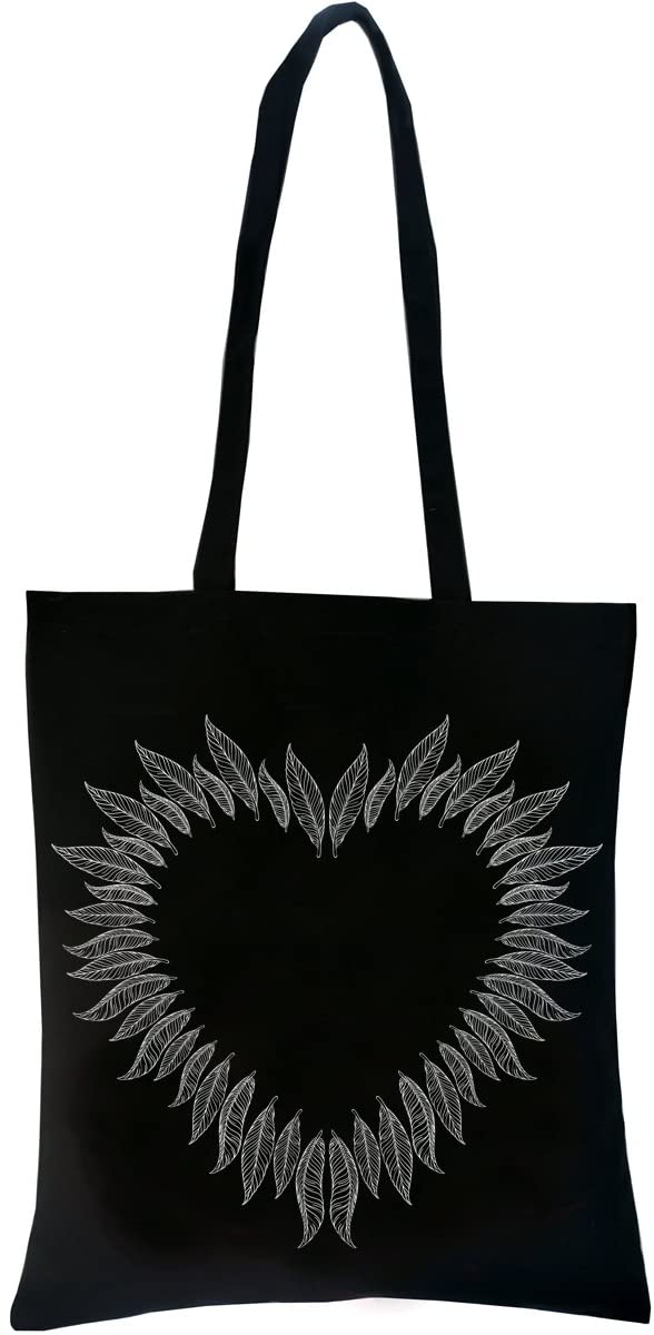 PREMYO Reusable Shopping Bag Cotton Tote Long Handled Easy to Carry Over the Shoulder Quote Print Heart Feather Birthday Present Gift Black Canvas