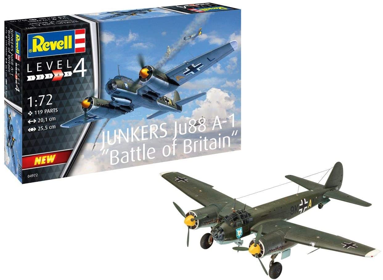 Revell 04972 Junkers Ju88 A-1 "Battle of Britain 1:72 Scale Unbuilt/Unpainted Plastic Model Kit, Unlackiert, Mittel