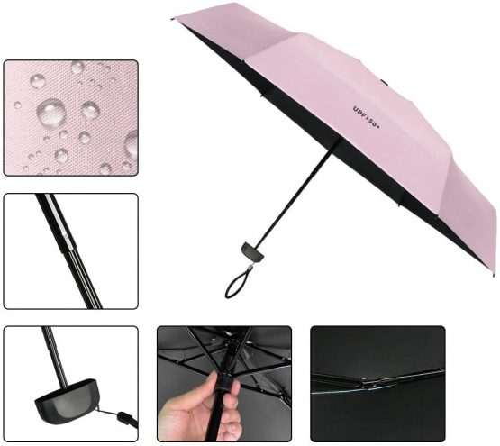 Vicloon Mini Travel Umbrella, Pocket Umbrella Foldable Compact with Flat Handle, 6-Rib Light-Weight Waterproof Sturdy and Portable Umbrella, Rain and Sun Umbrella, UPF>50+ Protection (Pink) - Image 4