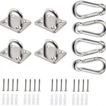 HOMPER 4Pcs M5 304 Stainless Steel Oblong Pad Eye Plate and 4Pcs Carabiner Clips, Marine Hardware Staple Hook Loop With 16 Screws and Plastic Plugs