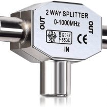 kwmobile 2-Way Aerial Splitter - Cable TV Splitter 2x Coax Plug 2 Male to 1 Female Adapter in Metal Housing - Coaxial Digital Signal Antenna Splitter