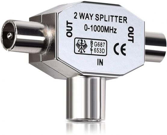 kwmobile 2-Way Aerial Splitter - Cable TV Splitter 2x Coax Plug 2 Male to 1 Female Adapter in Metal Housing - Coaxial Digital Signal Antenna Splitter