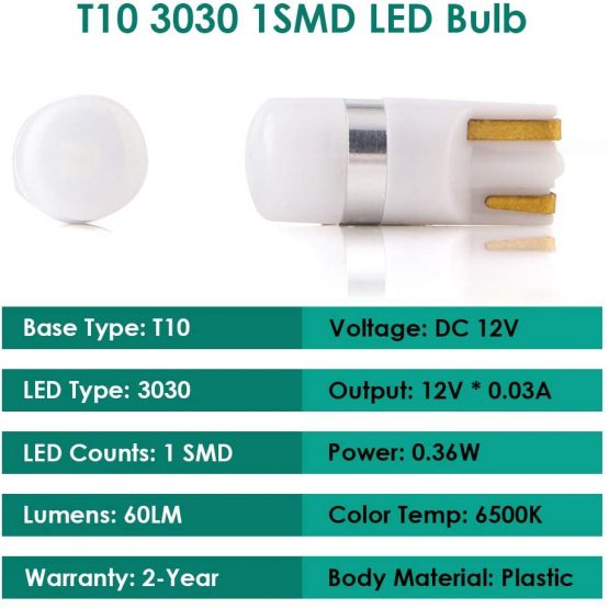 GLL T10 LED Bulbs White W5W 501 LED Bulbs 3030-1SMD with Lens 60 Lumens for Car LED Lights Bulbs Side Light Bulbs Number Plate Light Parking Light Interior Light (Pack of 10) - Image 3