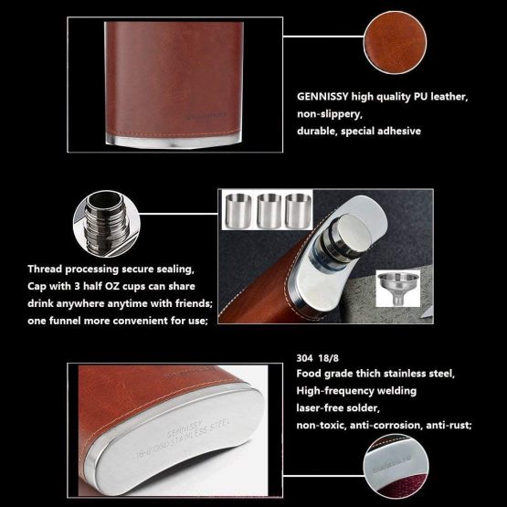 GENNISSY 8oz Hip Flask with Funnel - Stainless Steel with Leather Wrapped Cover and 100% Leak Proof - Image 4