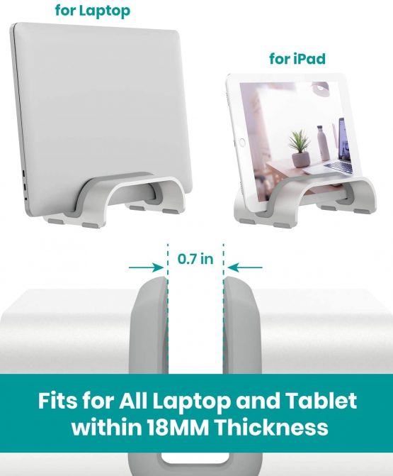 Vertical Laptop Tablet Stand, Klearlook (Space Saver Series) Aluminum Space-Saving Storage Holder Desk Organizer Compatible with Macbook/iPad and more Notebook Tablet UP to 0.7-In Thick - Silver - Image 4
