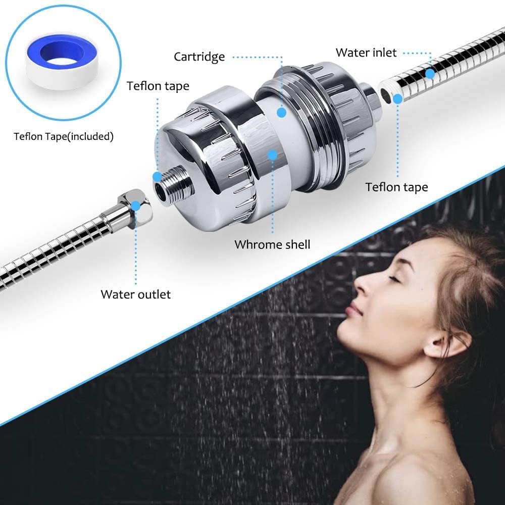 Chrome 15 Stage Universal Replaceable Shower Head Water Purifier with 2 Filter Cartridges and 1 Teflon Tape Cadrim Shower Filter 
