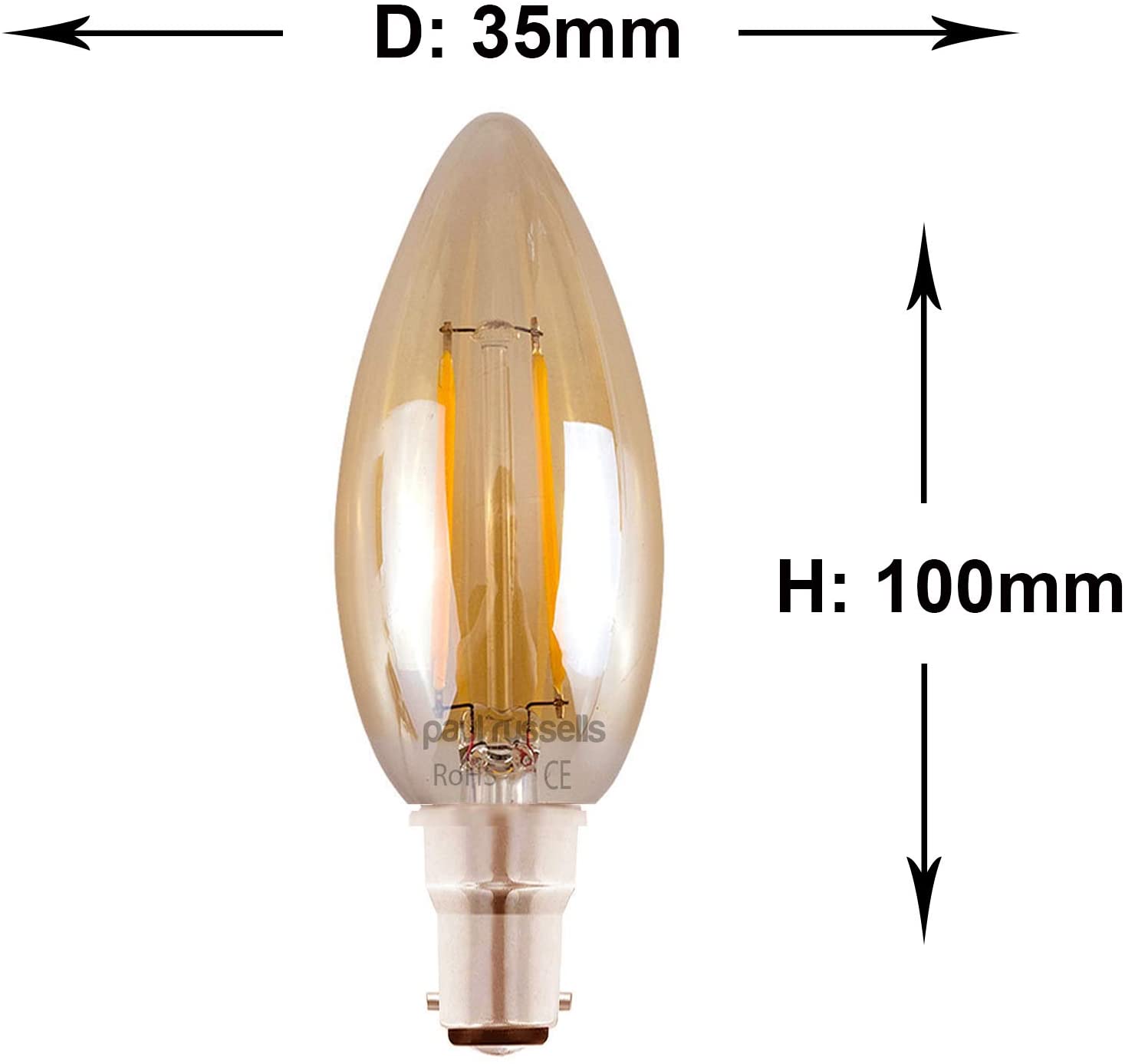 paul russells LED Candle Filament Light, 2.5W 20W Equivalent Replacement, 200LM Lumens, 2200K Extra Warm White - Image 3