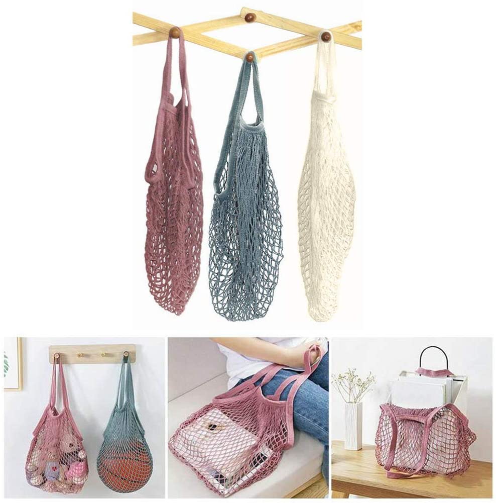 Pveath 3 Pack Grocery Mesh Bags Portable/Reusable/Washable Organic Cotton String Shopping Bags Produce Net Tote Bags with Short Handle Shopping Handbag for Fruit Vegetable Storage (Purple Beige) - Image 3