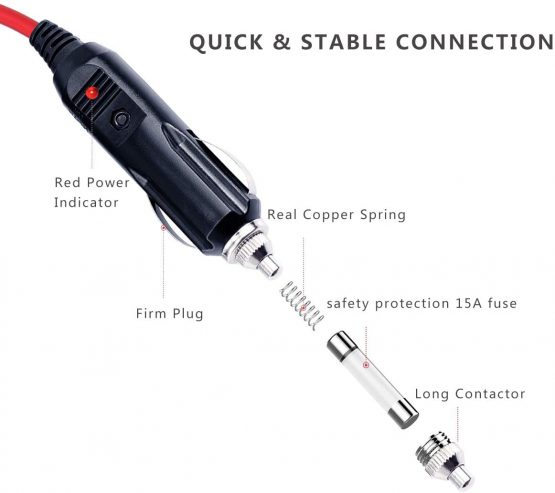 KUNCAN 13FT 12-24v Car Charge Cigarette Lighter Extension Cable Male to Female Socket, 14AWG Heavy Duty Cigarette Lighter Cord with LED Light, 15A Fuse - Image 4