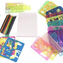 EAST-WEST Trading GmbH 34 pcs Stencil Set for Kids - Includes 20 Stencils, 10 color pencils, 50 sheets A5 paper, craft scissors, sharpener in practical carry bag