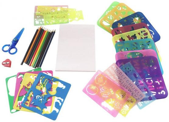 EAST-WEST Trading GmbH 34 pcs Stencil Set for Kids - Includes 20 Stencils, 10 color pencils, 50 sheets A5 paper, craft scissors, sharpener in practical carry bag