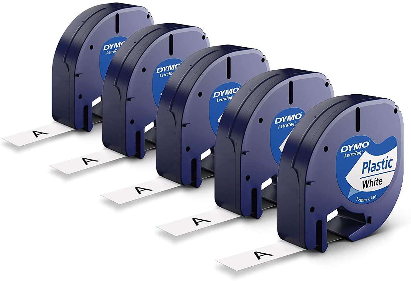 5 x Dymo LetraTag Plastic Label Tape (91201), 12 mm x 4 m Roll, White