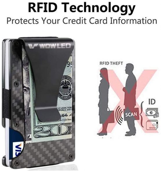 WOWLED Minimalist Men's Wallet, Slim Carbon Fiber Credit Card Holder RFID Blocking Metal Wallets Money Clip Card Protector - Image 2