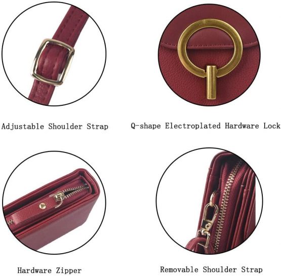 Ladies PU Leather Diagonal Bag Women Phone Bag with 3 Compartments 4 Card Slots Small Crossbody Bag Strap Detachable Cellphone Purse Suitable for Smartphone Within 6.5-inch(Red) - Image 3