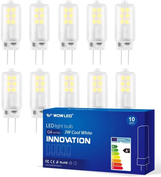WOWLED G4 LED Light Bulbs, 3W Cool White 12V AC DC, Replace Halogen Bulbs - 10 Pack