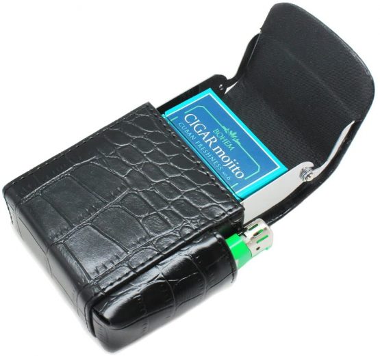 Cigarette Case, Boshiho PU Leather Cigarette Box with Lighter Holder Pouch Flip Top Tobacco Holder Metal Regular 20 Cigarettes Case Great Ideal for Father's Day Gift (Black) - Image 2