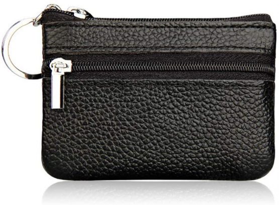 Hibate Mini Coin Purse Holder Wallet Leather Purses for Women Men Kids Minimalist Zip Pouch with Key Ring - Black