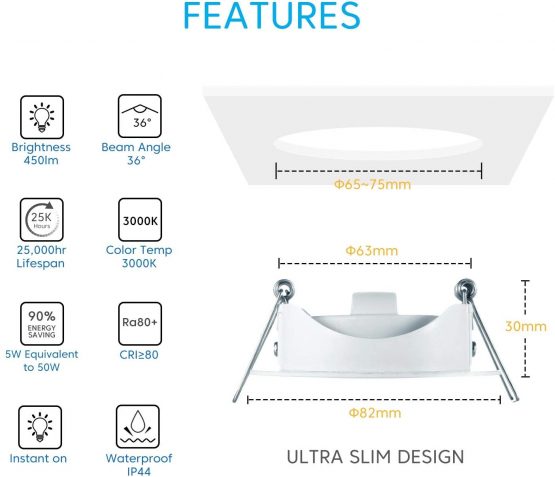 5 Pack IP44 Recessed LED Ceiling Spot Lights, Linkind 5W 240V Ultra Slim Mini Downlights, Cut-Out 70mm(65-75mm), Warm White 3000K 450LM, Waterproof for Kitchen Bathroom, Non-dimmable - Image 2
