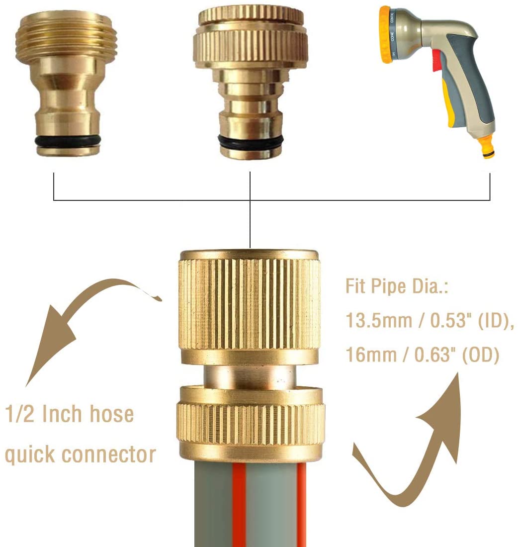 Tesmotor Brass Hose Connector Hose End Quick Connector for 1/2-inch(13mm) Graden Hose Pipe-Garden Hose Expandable Stretch Fittings Tap Adaptors Connectors 2Pack - Image 2