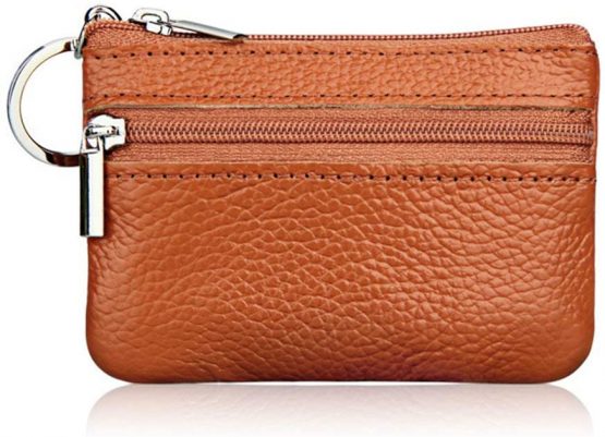 Auony Zippered Coin Pouch, Leather Coin Purse Change Holder Card Case Holder Organizer for Men Women (Brown)