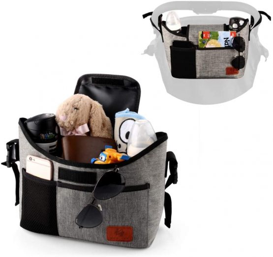 Buggy Pram Bag Organiser, 11L Large Capacity for Baby Accessories with 2 Deep Cup Holders & Shoulder Strap Used as Carry-On Handbag-Universal Fit All Buggy Models (Grey) - Image 2