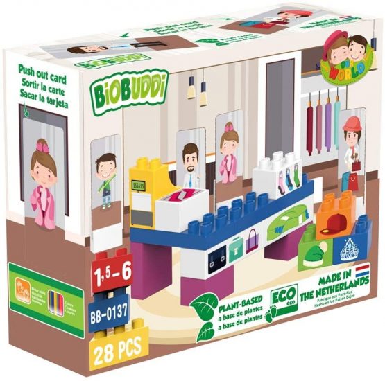 BIOBUDDI BB-0137 Building Fashion Shop Play Set, 19 Blocks, 9 Push-Out Cards, Multi-Coloured - Image 3