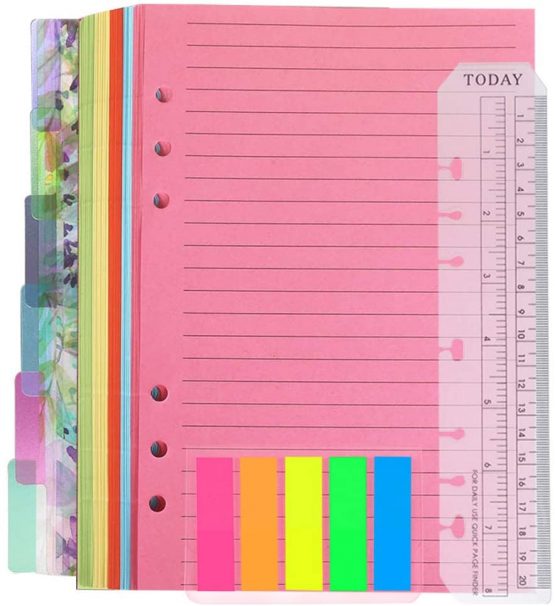 QincLing Refillable A5 Notebook Set，1 Pack 50 Sheets 6 Holes Loose-Leaf Lined Refill Paper, 6 PCS PVC Binder Index Dividers Subject Dividers, Ruler And 125 Pcs Note Flags Index Tabs