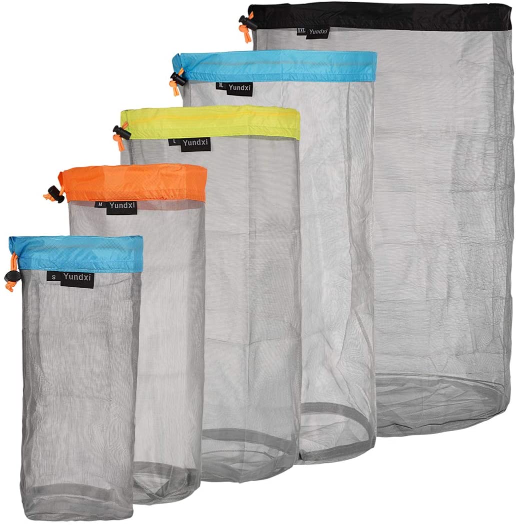 Yundxi Ultralight Ultra Stuff Sacks Set Mesh Drawstring Storage Bags Set for Travelling Camping Hiking (Set of 5 Pieces)