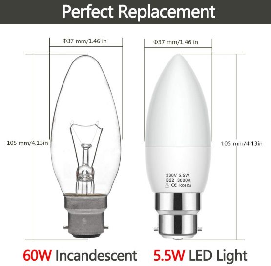B22 LED Candle Bulb Bayonet Cap, 500LM, 5.5W B22 Candle Light Bulb, 60W Incandescent Bulb Equivalent, Warm White 3000K, Non Dimmable, 180 Degree Beam Angle, 6 Pack - Image 3