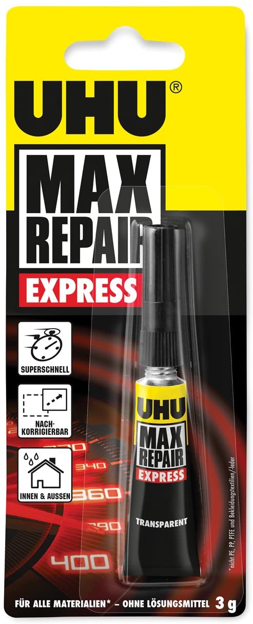UHU Max Repair Express Tube, Fast and Strong Adhesive for Instant Precise and Small Repair Work. 3g, Transparent