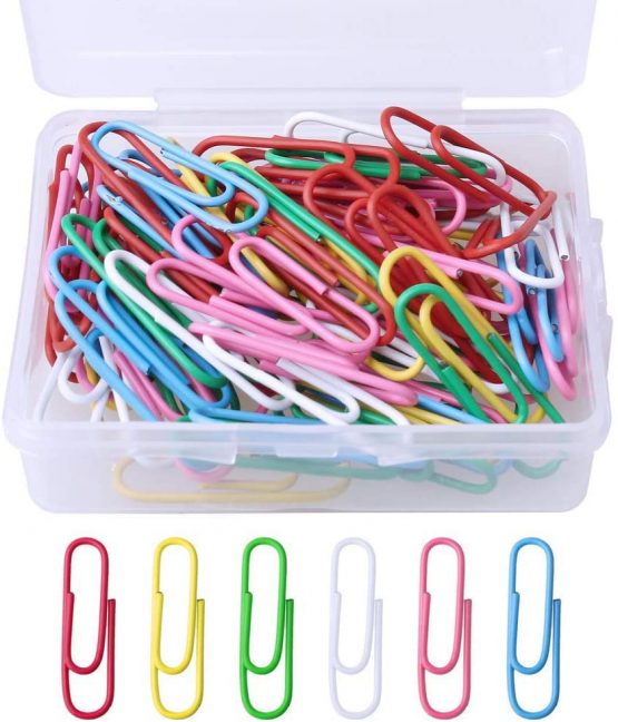 kuou 100 Pcs Coloured Paper Clips, Plastic-Coated Metal Paperclips Paper Clips Clamps with Box for Office School Stationery Document, Small Paper Clips(28mm, Assorted Color)