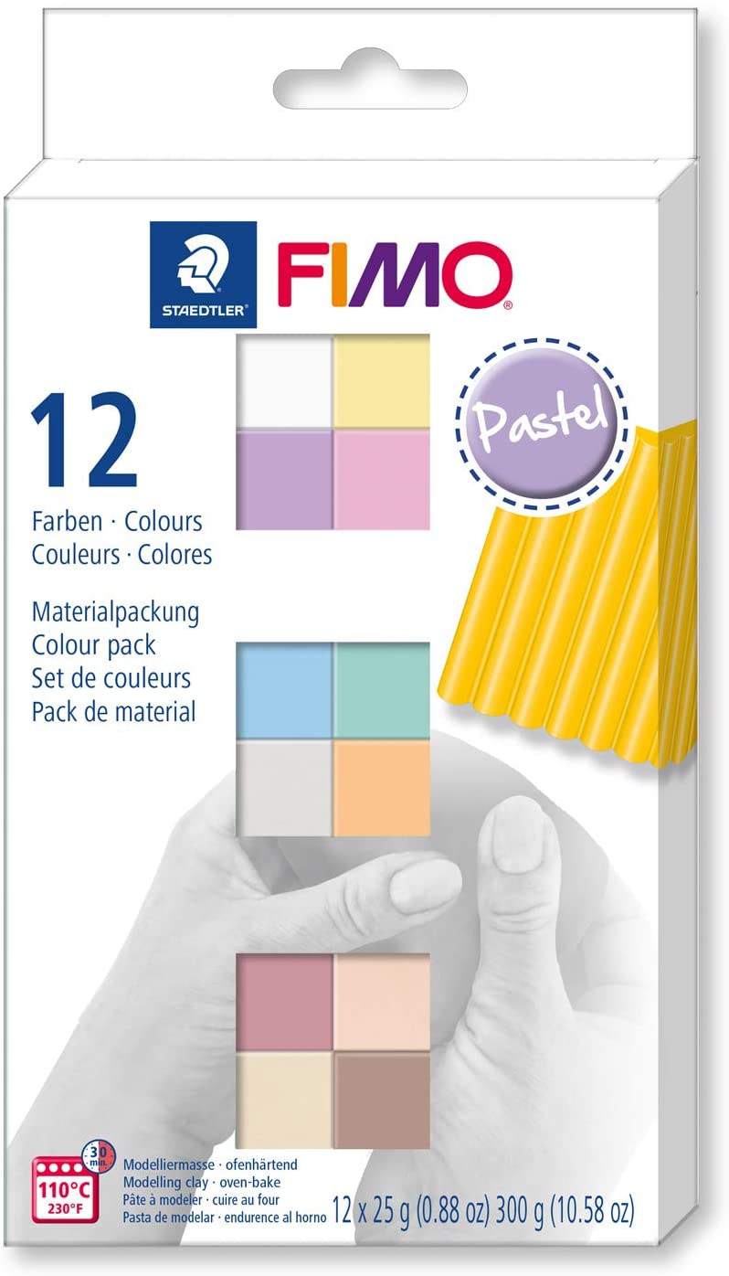 STAEDTLER 8023 C12-3 FIMO Soft Oven-Hardening Polymer Modelling Clay - Assorted Pastel Colours (Pack of 12 x 25g Blocks)