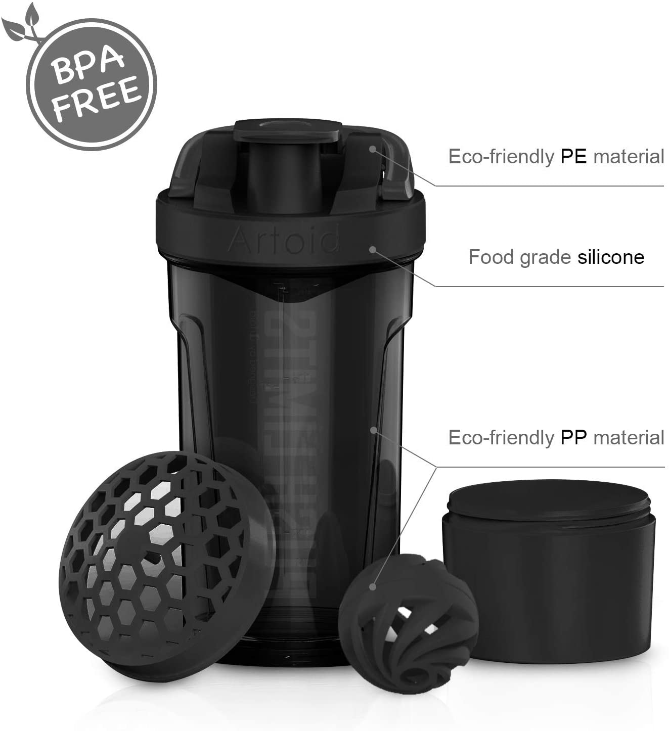 Artoid Mode 720ml Sports Fitness Workout Protein Shaker Bottle Black Grey with Twist and Lock Protein Box Storage - Image 3