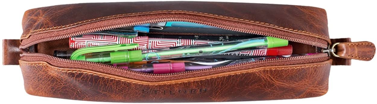 STILORD "Willem" Pencil Case Leather Pencil Pouch for Men Women Vintage Stationery Bag with Zipper Colour:Kara - Cognac - Image 4
