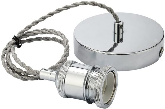 COZZY Vintage Ceiling Pendant Light Fitting, Light Grey Twisted Braided Flex,E27 Lamp Holder Suspended Pendant Light Fitting Kit-Chrome - Image 4