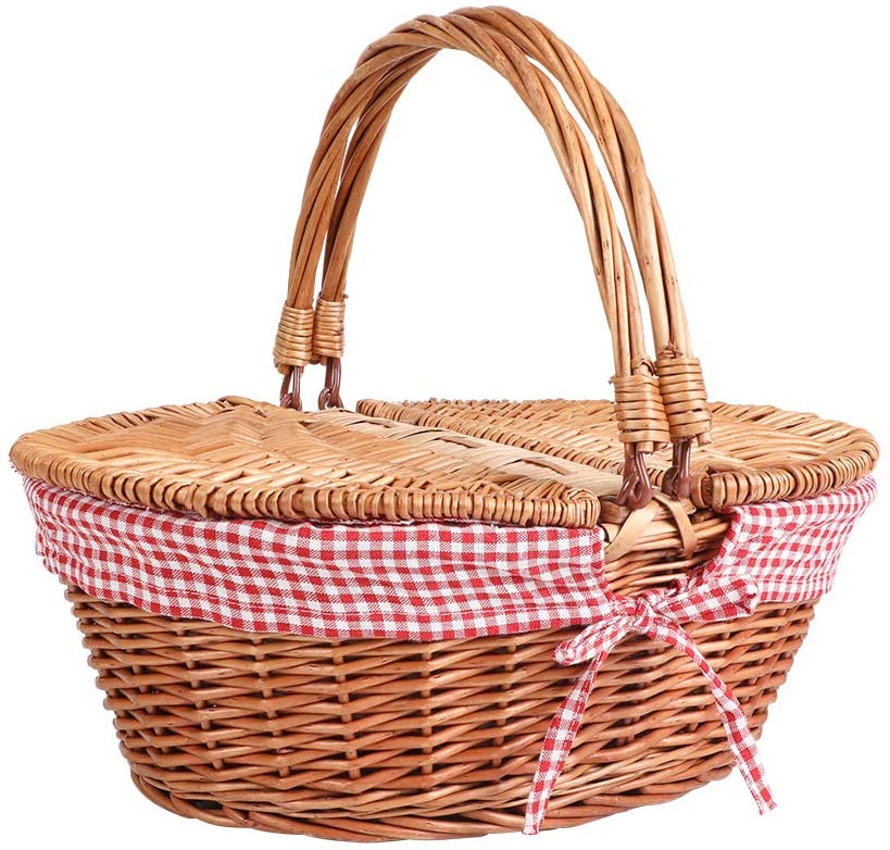 display4top Oval Country Style Wicker Picnic Basket with Folding Handles & Liners for Picnics Parties and BBQs