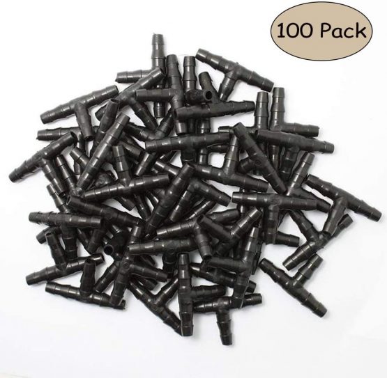 Kalolary 100pcs Barbed Connectors Drip Irrigation, 1/4" Universal Barbed Tee Pipe Joint, Fits 1/4" Drip Tubing Hose Watering Garden System