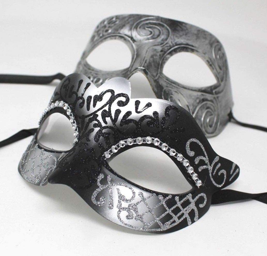 HIS N HERS PAIR OF CO-ORDINATED SILVER & BLACK COUPLES VENETIAN MASQUERADE CARNIVAL PARTY BALL EYE MASKS, Silver Black, 8cm deep - Image 4