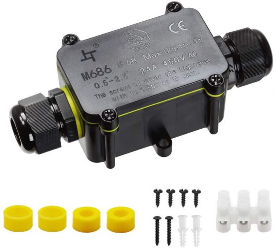 IP68 Waterproof Junction Box, HUYU 2-Way Outdoor Cable Connectors with 2 Cable M20 Gland Wire Connector Electrical Junction Box for 5-12MM Diameter Cable, 3 Pin Terminal, Black