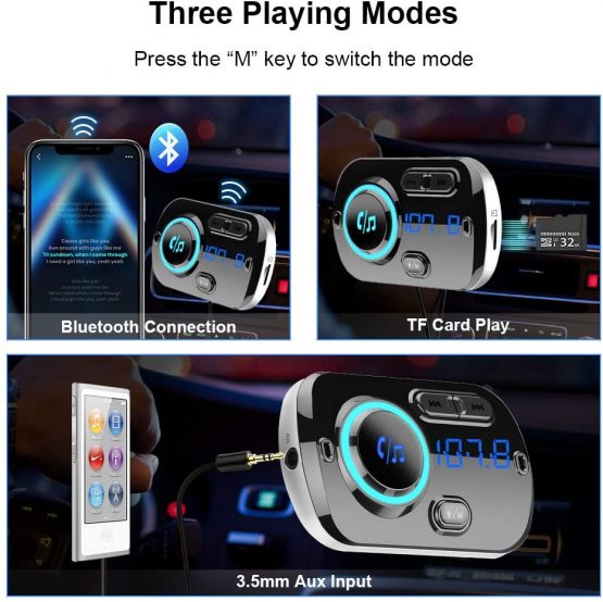SONRU Newest FM Transmitter Bluetooth 5.0, Bluetooth Car Radio Transmitter Handsfree Car Kit QC3.0 USB Car Charger, Support TF Card AUX Input, Crystal Sound, Color Light, 1.1M Cable, 2 Install Ways - Image 3