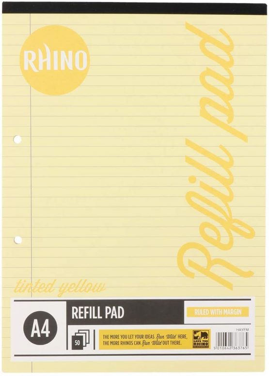 RHINO Stationery Special Education A4 Refill Pad Yellow Tinted Paper | 100 Page | 8mm Ruled with Margin School Notepad Quality Writing Paper