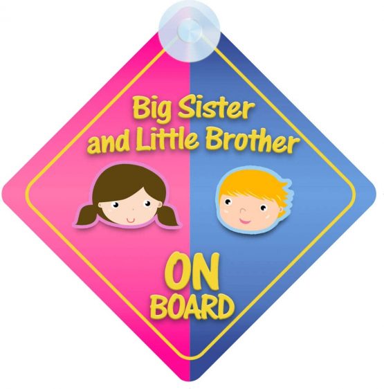 Big Sister And Little Brother on Board Car Sign for Children/Baby Boys and Girls Non Personalised Character Theme
