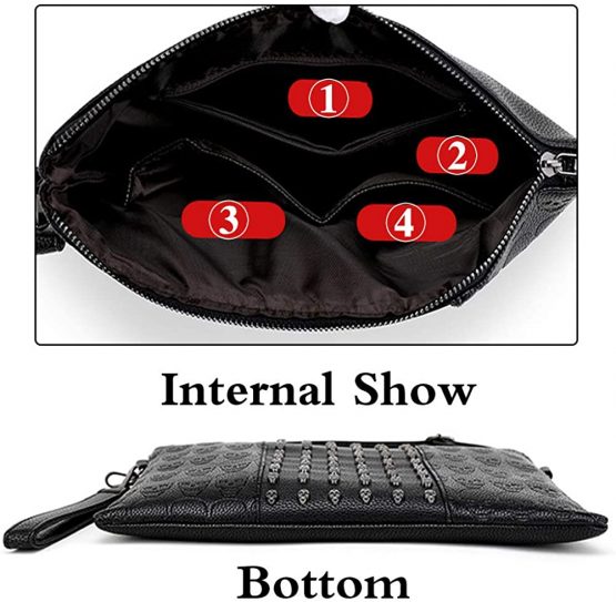 FiveloveTwo Women Punk Skull Print Clutch PU Leather Satchel Shoulder Tote Top-handle Purse Handbag Black - Image 4