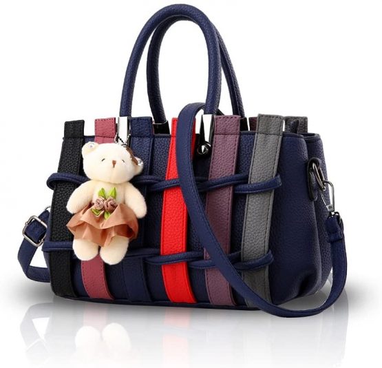 Nicole&Doris Women Fashion Colorful Handbag Crossbody Shoulder Purse Tote Shopping Bag Long Handles PU for Ladies Navy Blue