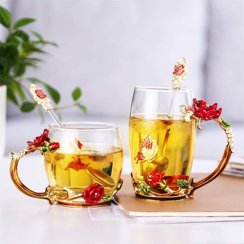 evecase Enamels Butterfly Flower Clear Lead-Free Glass Coffee Mugs Tea ...