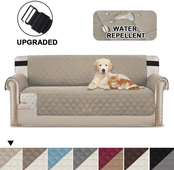 BellaHills Sofa Protectors for Pets/Dogs/Kids Sofa Covers 3 Seater Couch Covers Furniture Protector Covers Soft Quilted with Non Slip Strap Seat Width: 66" | 3 Seater, Khaki/Beige