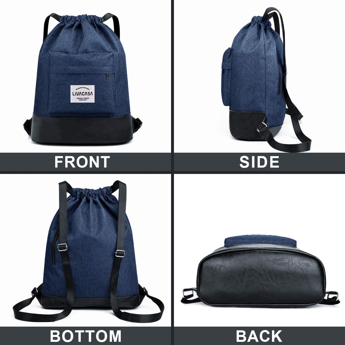 LIVACASA Gym Sack Large Drawstring Bag Adjustable Wide Strapes and Back Zipper Pocket Large Capacity 12.5L Sports Travel Bag Water Repellency with Inside Pockets Backpack for Men Women Blue 18x13x6In - Image 3