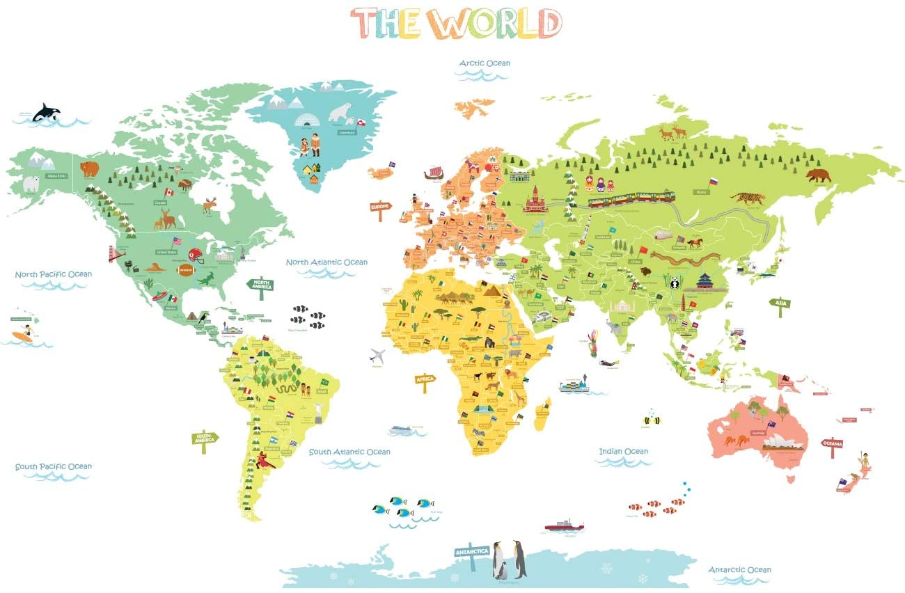 DECOWALL DL3-2212 Colourful World Map (XLarge) Kids Wall Stickers Decals Peel and Stick Removable for Nursery Bedroom Living Room Art murals Decorations